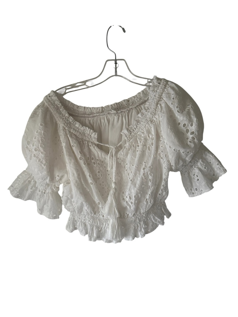 Line and Dot White Eyelet Peasant Blouse with Ruffled Hem